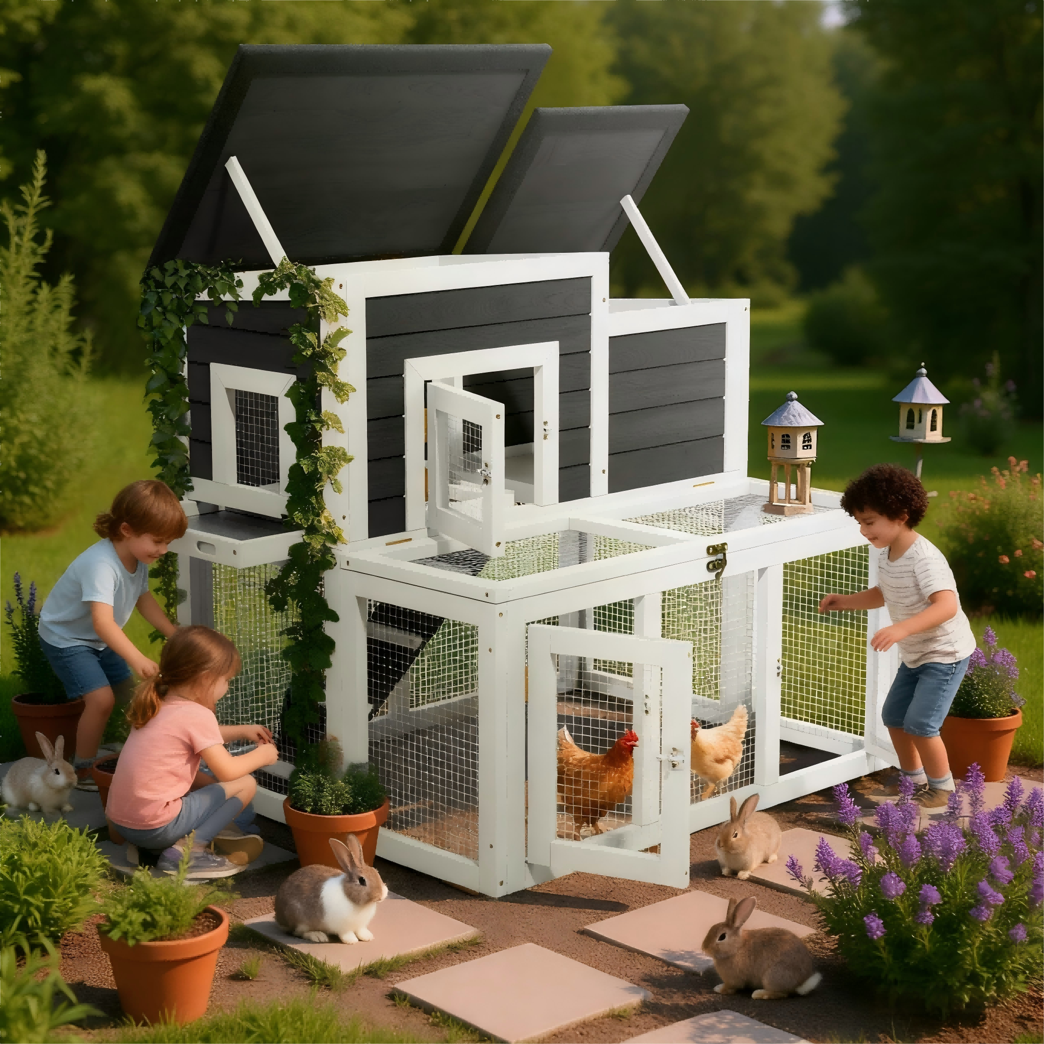 Rabbit Hutch Outdoor Wooden with Openable Waterproof Asphalt Roof Push-Pull Tray Multi-Door Design Suitable for Backyard
