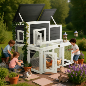 Rabbit Hutch Outdoor Wooden with Openable Waterproof Asphalt Roof Push-Pull Tray Multi-Door Design Suitable for Backyard