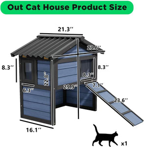 Outdoor Cat House Weatherproof, Wooden Cat Houses for Outdoor Cats with 2 Doors Openable Roof Stairways Moisture and Odor Resistant 100% Insulated Foam