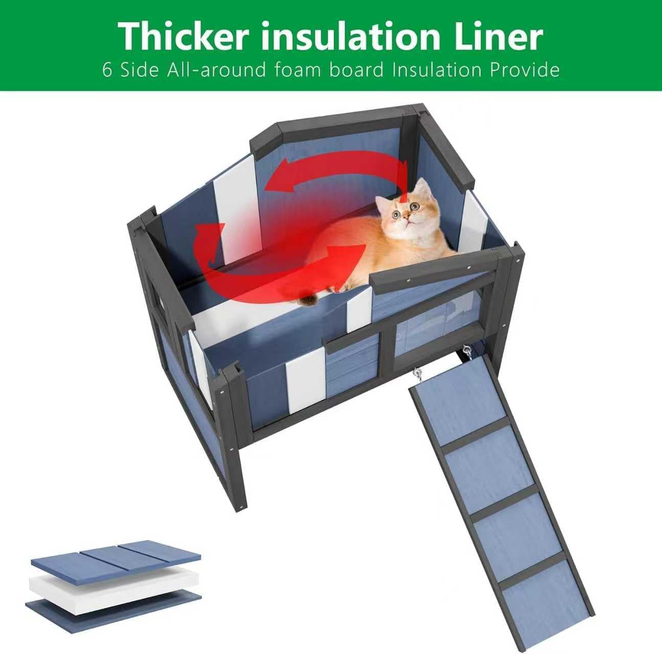 Outdoor Cat House Weatherproof, Wooden Cat Houses for Outdoor Cats with 2 Doors Openable Roof Stairways Moisture and Odor Resistant 100% Insulated Foam