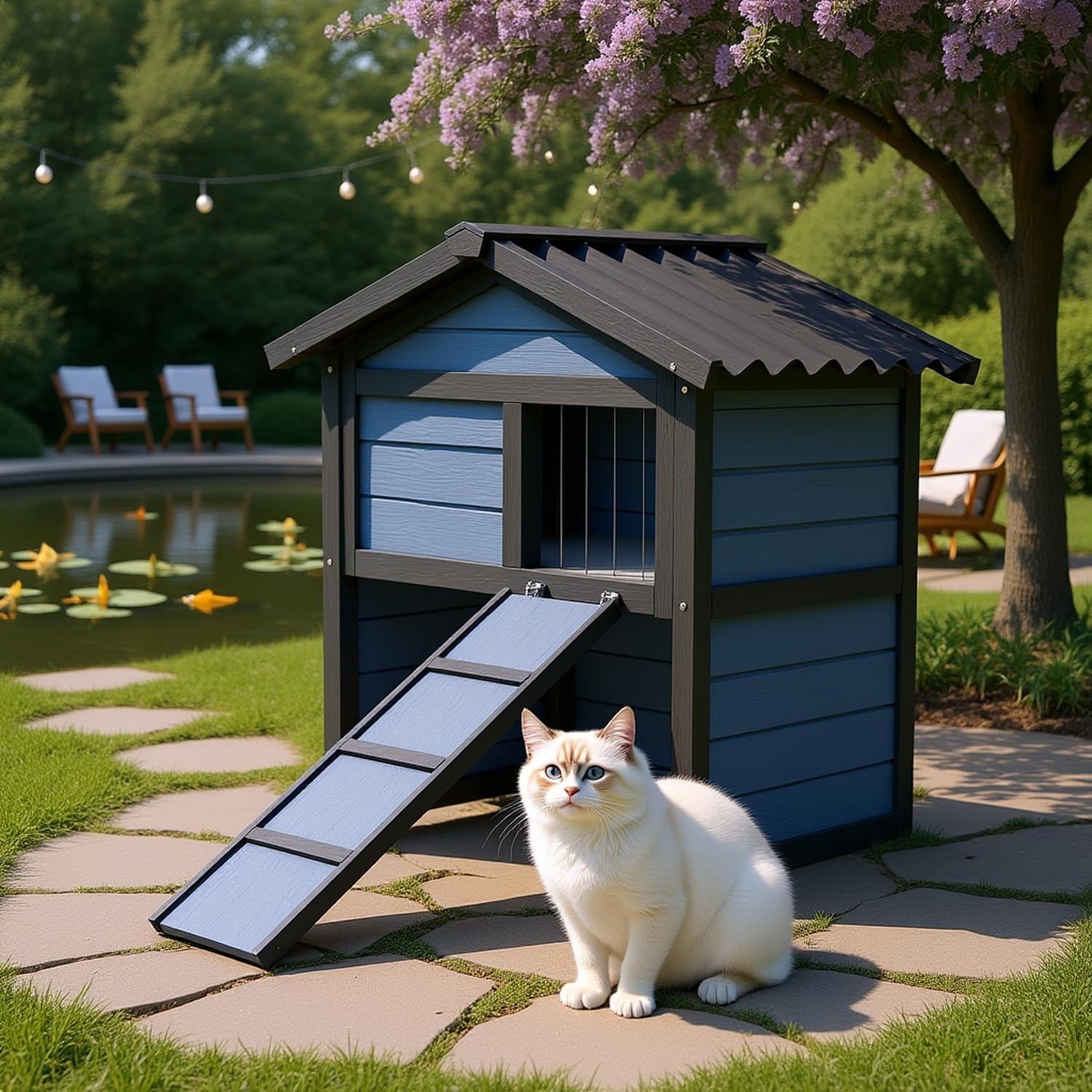 Outdoor Cat House Weatherproof, Wooden Cat Houses for Outdoor Cats with 2 Doors Openable Roof Stairways Moisture and Odor Resistant 100% Insulated Foam
