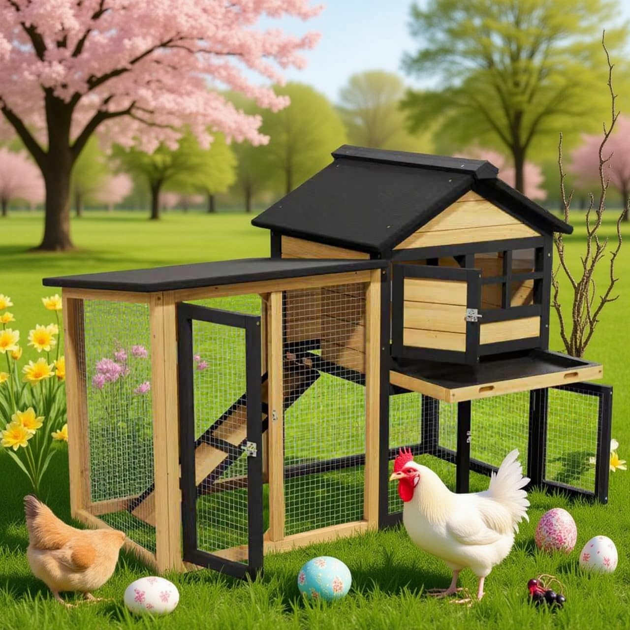 Chicken Coop Bunny Cage Premium Rabbit Hutch with Leak-Proof Roof, 2-Story Bunny House for Guinea Pigs & Hamster,Wooden Chicken House with Deep Pull-Out Tray, Waterproof Chicken Coop for Outside