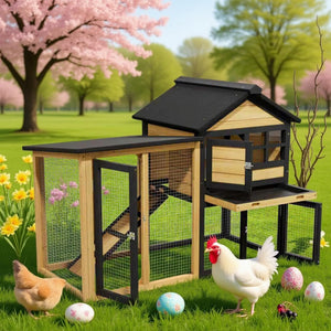 Chicken Coop Bunny Cage Premium Rabbit Hutch with Leak-Proof Roof, 2-Story Bunny House for Guinea Pigs & Hamster,Wooden Chicken House with Deep Pull-Out Tray, Waterproof Chicken Coop for Outside