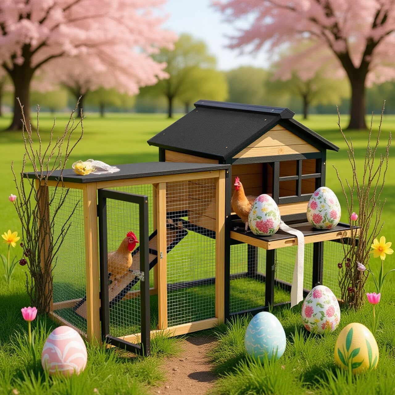Chicken Coop Bunny Cage Premium Rabbit Hutch with Leak-Proof Roof, 2-Story Bunny House for Guinea Pigs & Hamster,Wooden Chicken House with Deep Pull-Out Tray, Waterproof Chicken Coop for Outside