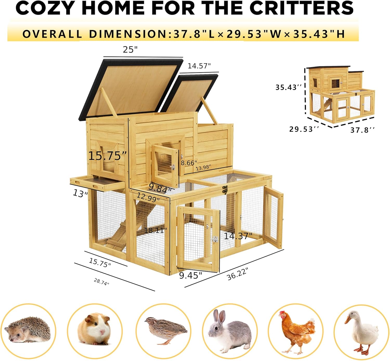 Chicken Coop Outdoor Wooden for 2-4 Chickens with Bitumen Waterproofing Roof, Runways, Pull-Out Trays and Openable Top for Backyard Poultry Cage