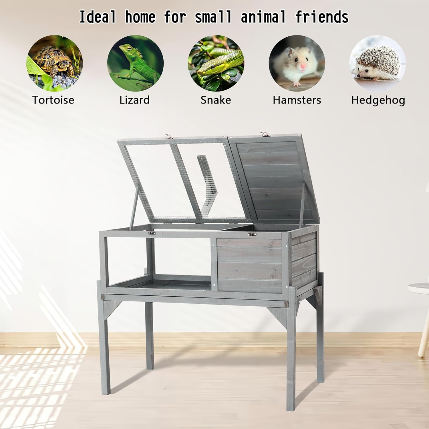 Box Turtle Habitat,Tortoise Habitat Indoor & Outdoor, Wooden Tortoise House with Detachable Legs, Turtle Cage Reptile Terrarium with Lamp Holder