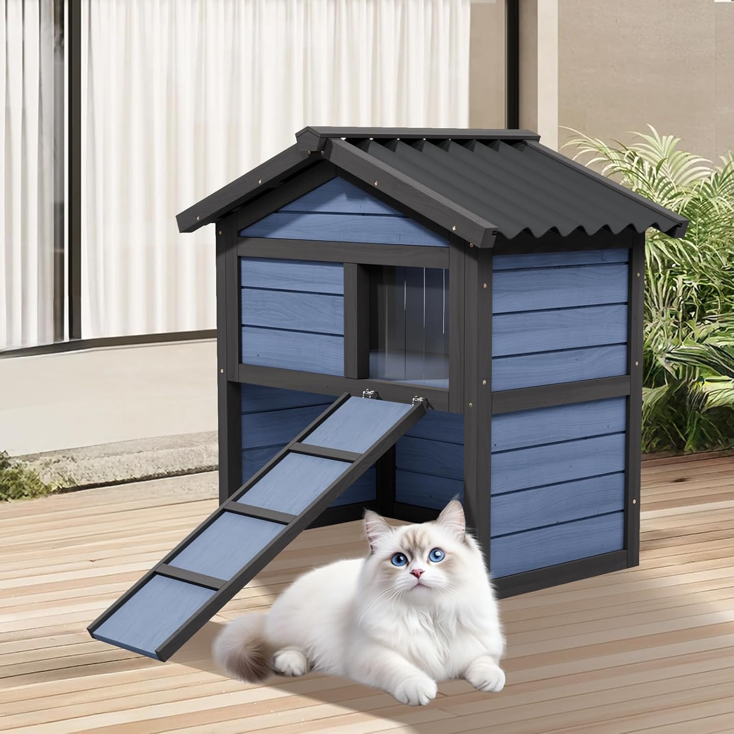 Outdoor Cat House Weatherproof, Wooden Cat Houses for Outdoor Cats with 2 Doors Openable Roof Stairways Moisture and Odor Resistant 100% Insulated Foam