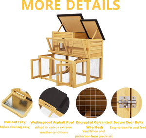 Chicken Coop Outdoor Wooden for 2-4 Chickens with Bitumen Waterproofing Roof, Runways, Pull-Out Trays and Openable Top for Backyard Poultry Cage