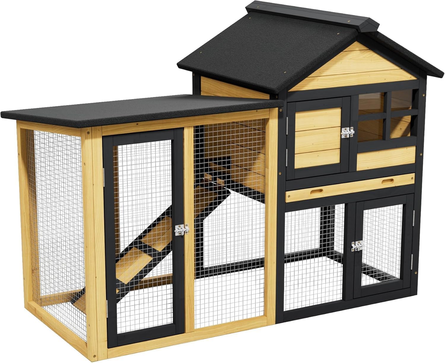 Chicken Coop Bunny Cage Premium Rabbit Hutch with Leak-Proof Roof, 2-Story Bunny House for Guinea Pigs & Hamster,Wooden Chicken House with Deep Pull-Out Tray, Waterproof Chicken Coop for Outside