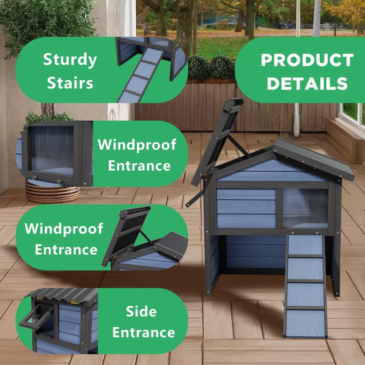 Outdoor Cat House Weatherproof, Wooden Cat Houses for Outdoor Cats with 2 Doors Openable Roof Stairways Moisture and Odor Resistant 100% Insulated Foam