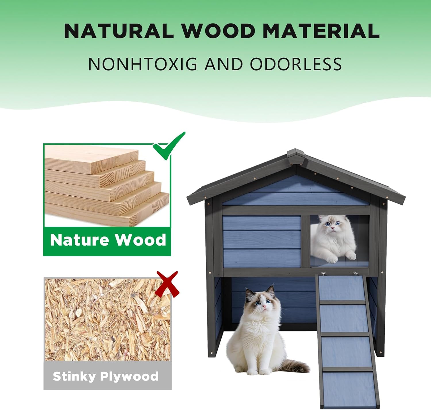 Outdoor Cat House Weatherproof, Wooden Cat Houses for Outdoor Cats with 2 Doors Openable Roof Stairways Moisture and Odor Resistant 100% Insulated Foam