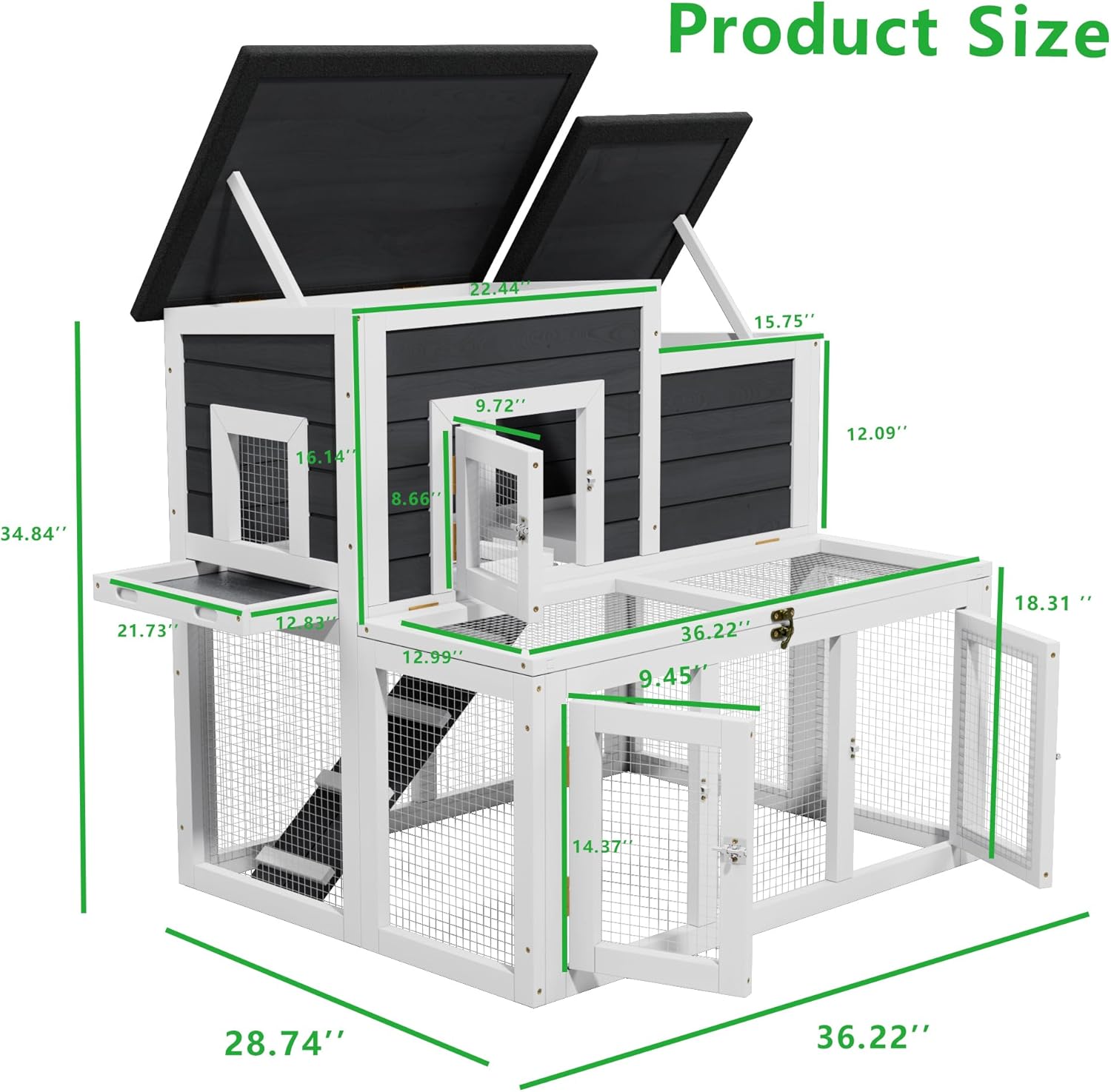 Rabbit Hutch Outdoor Wooden with Openable Waterproof Asphalt Roof Push-Pull Tray Multi-Door Design Suitable for Backyard