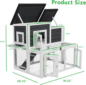 Rabbit Hutch Outdoor Wooden with Openable Waterproof Asphalt Roof Push-Pull Tray Multi-Door Design Suitable for Backyard