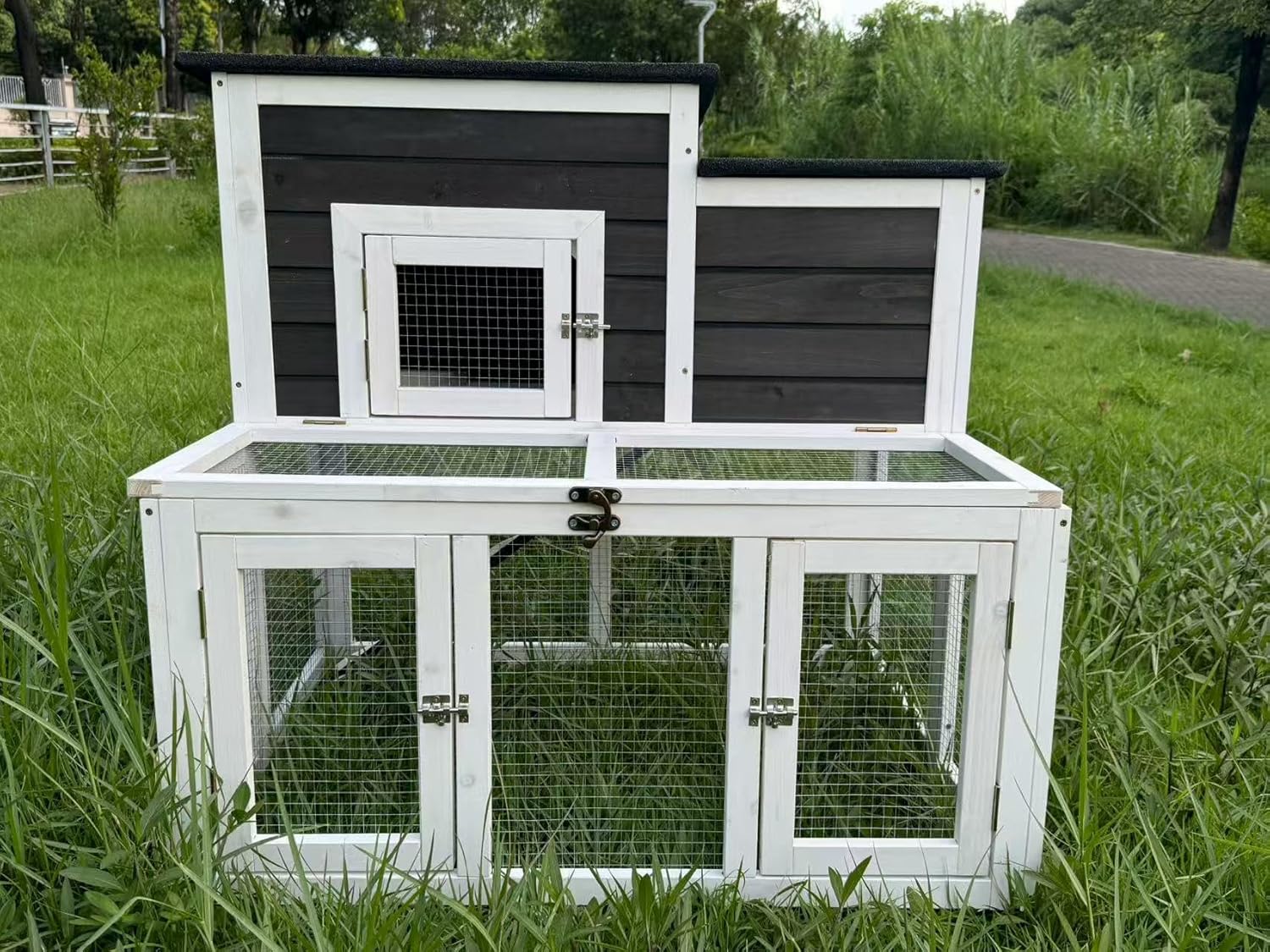 Rabbit Hutch Outdoor Wooden with Openable Waterproof Asphalt Roof Push-Pull Tray Multi-Door Design Suitable for Backyard