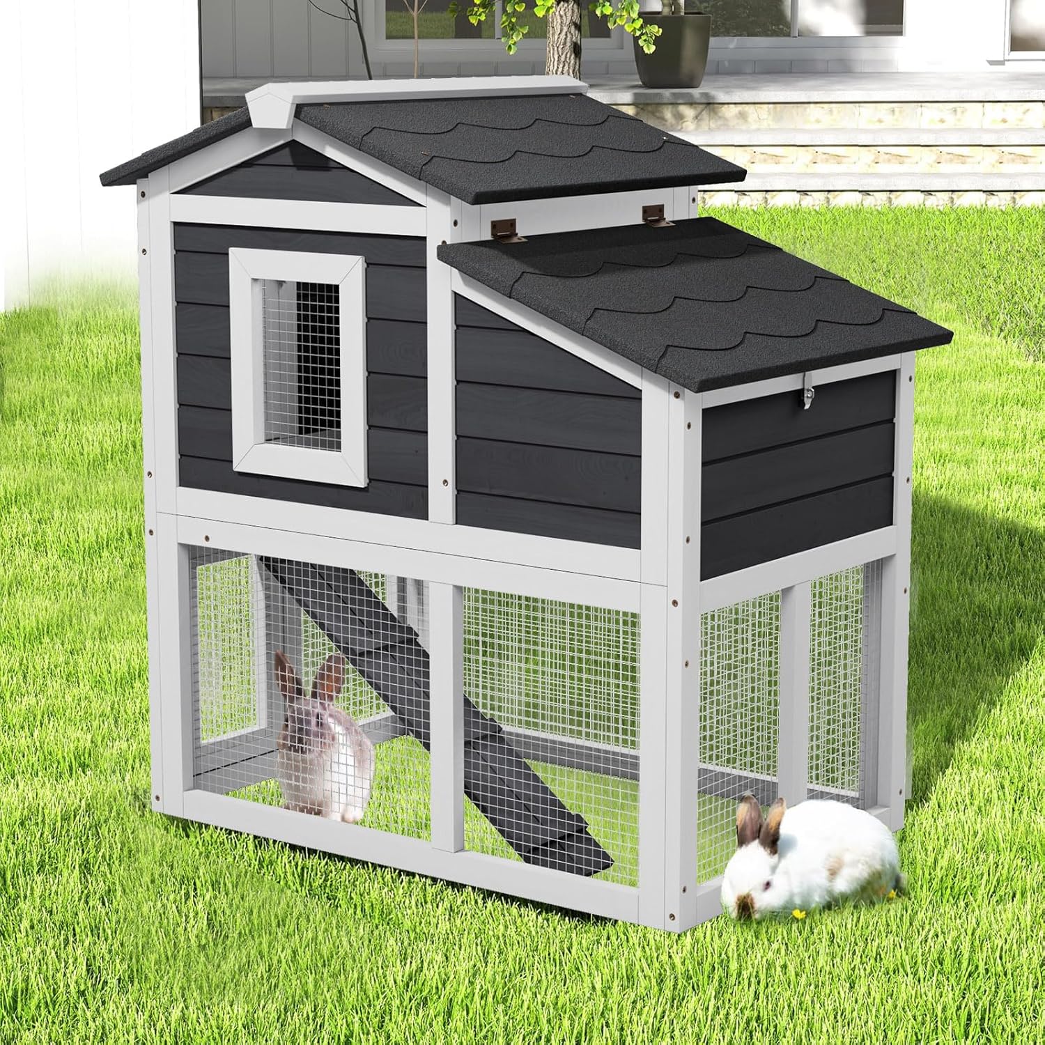 Rabbit Hutch, Wooden Indoor Outdoor Rabbit Cage Guinea Pig Cages with Removable Tray Waterproof Roof for Small Animals