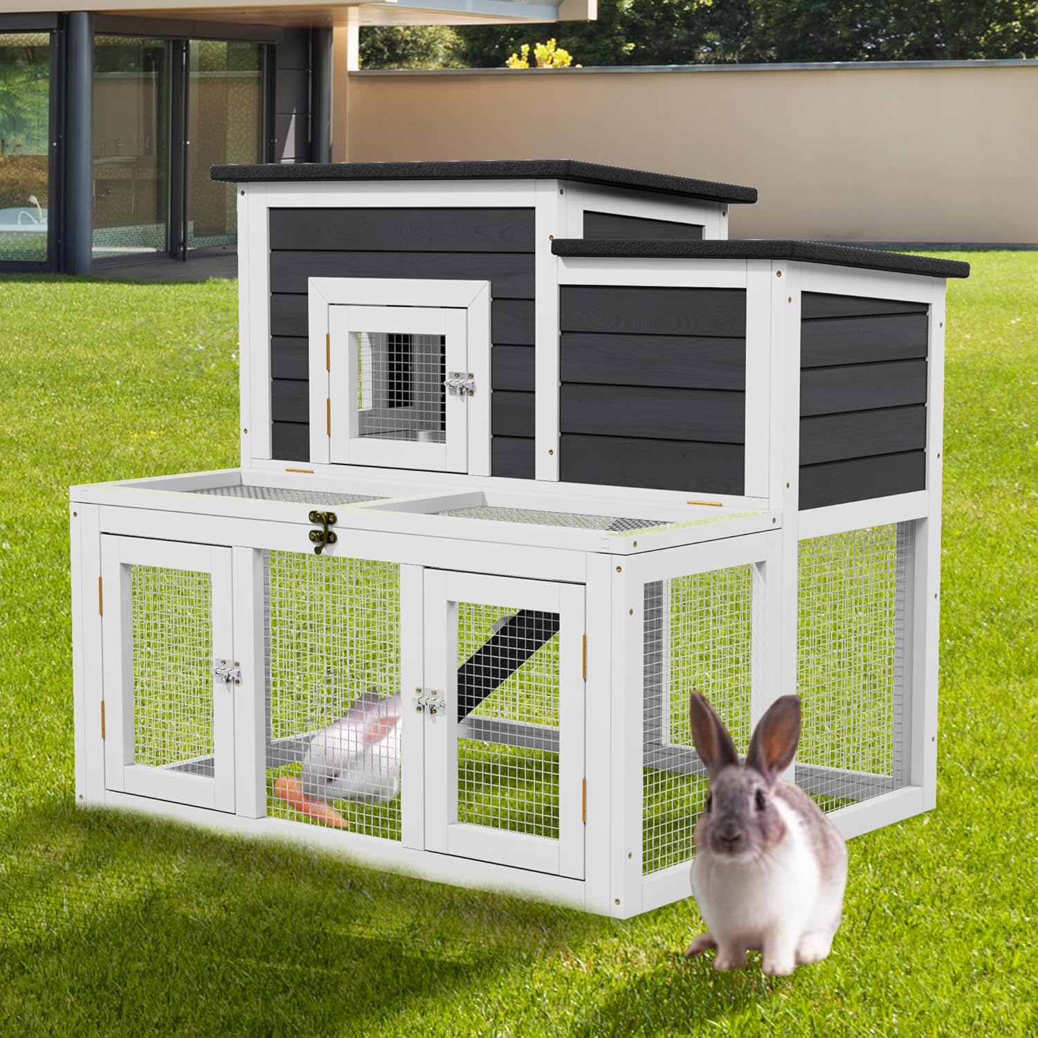 Rabbit Hutch Outdoor Wooden with Openable Waterproof Asphalt Roof Push-Pull Tray Multi-Door Design Suitable for Backyard