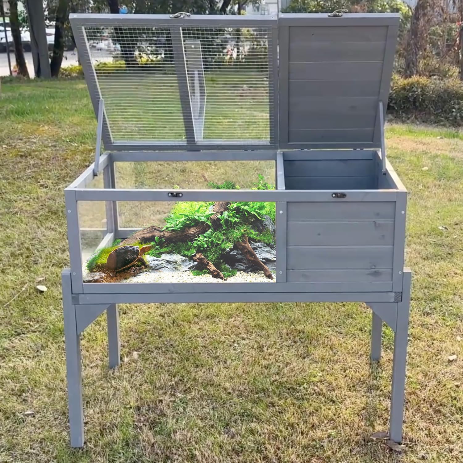 Box Turtle Habitat,Tortoise Habitat Indoor & Outdoor, Wooden Tortoise House with Detachable Legs, Turtle Cage Reptile Terrarium with Lamp Holder
