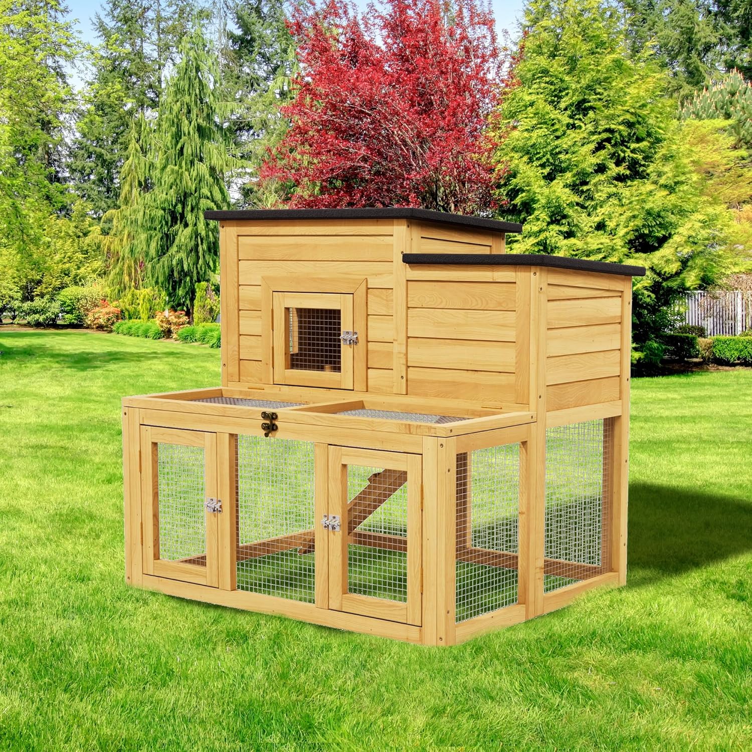 Chicken Coop Outdoor Wooden for 2-4 Chickens with Bitumen Waterproofing Roof, Runways, Pull-Out Trays and Openable Top for Backyard Poultry Cage
