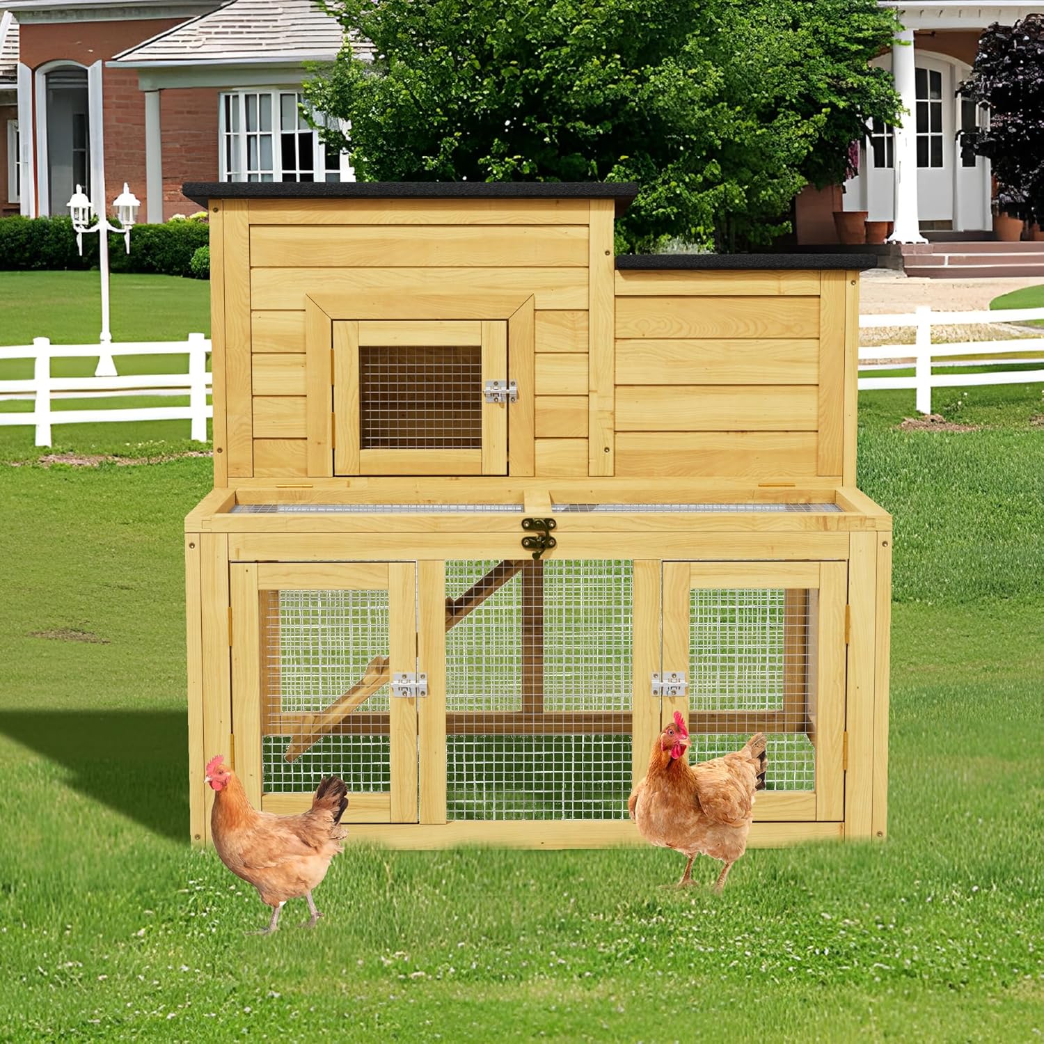 Chicken Coop Outdoor Wooden for 2-4 Chickens with Bitumen Waterproofing Roof, Runways, Pull-Out Trays and Openable Top for Backyard Poultry Cage